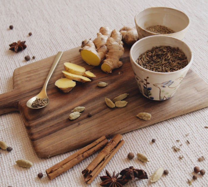 Moodbild frischer Ingwer und ayurvedische Gewürze symbolisch für Ayurveda-Ernährung
