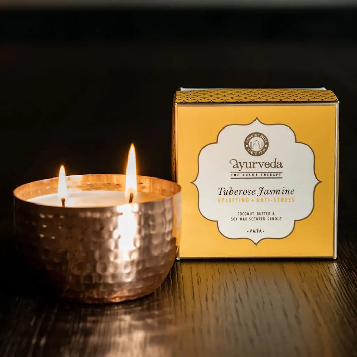 Ayurveda Duftkerze Vata mit zwei Dochten im kupferfarbenem Gefäss